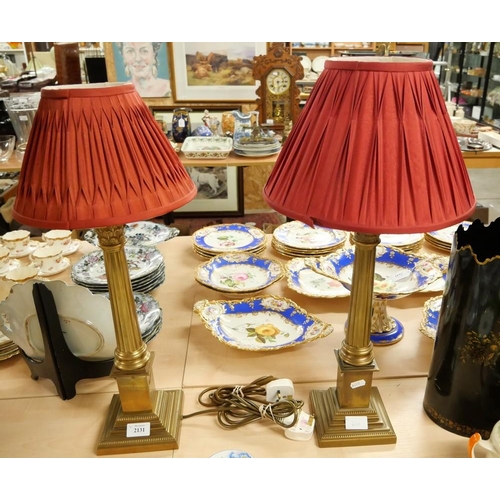 2131 - Pair of Brass Column Table Lamps & Shades.