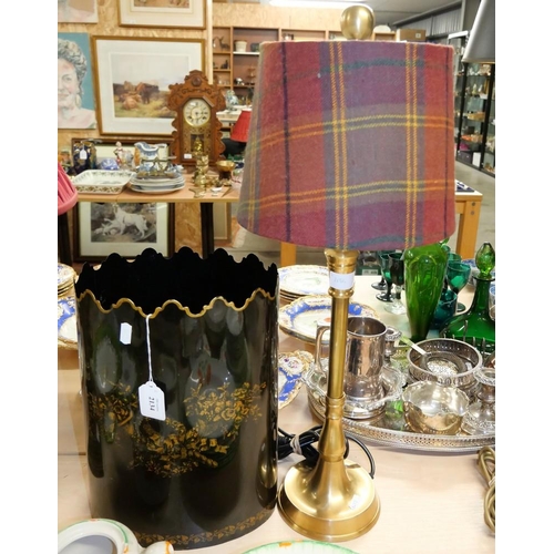 2134 - Gilded Metal Paper Bin & Brass Table Lamp with Tartan Shade.