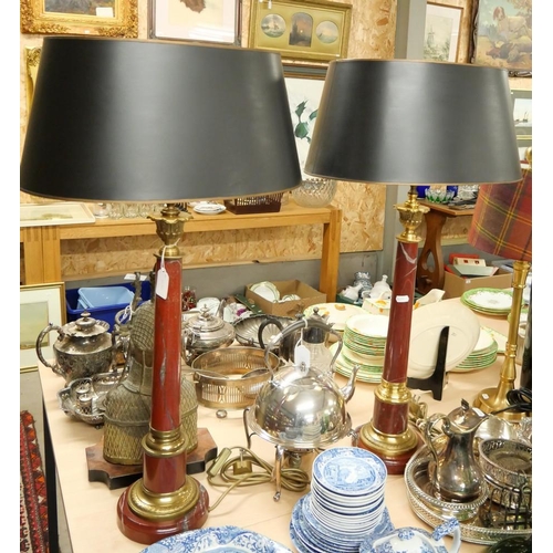 2135 - Pair of Red Marble & Brass Column Table Lamps.