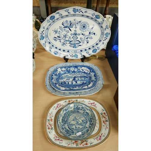 2146 - Meissen Ashet, 2 Blue & White Ashets, Shanghae Ashet & Blue & White Plate with Village scene.