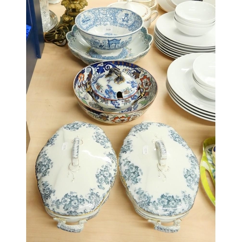 2149 - Blue & White Punch Bowl, 2 Blue & White Tureens, Continental Fruit Bowl, Transfer Decorated Fruit Bo... 