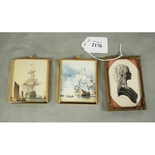 2170 - 2 Miniature Framed Prints - Sailing Ships & Miniature Framed Silhouette.