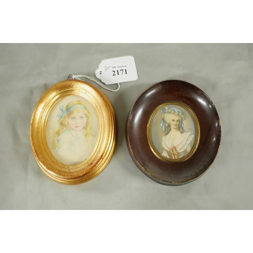 2171 - 2 Painted Portrait Miniatures - Lady in Fine Clothing & Young Girl.