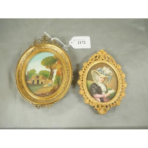 2172 - Printed Portrait Miniature Young Lady & Miniature Framed Rural Landscape.