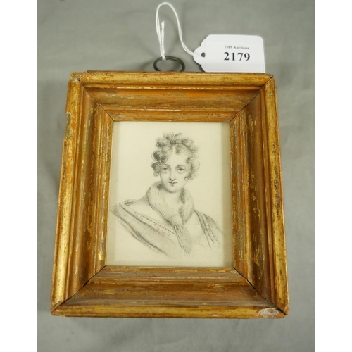 2179 - Framed Pencil Portrait of a Young Lady, approx 7 x 9cm.