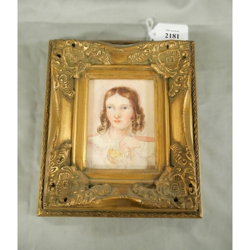 2181 - Small Framed Watercolour Portrait - Young Lady, approx 7.5 x 10cm.