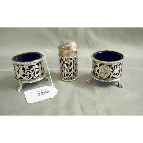 2200 - Birmingham Silver Condiment Set with Blue Glass Liners, approx 4.2oz troy.