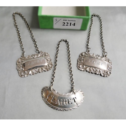 2214 - Pair of Silver Decanter Labels & One Other antique white metal example.