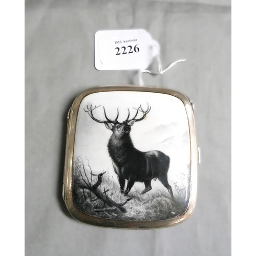 2226 - Continental (.935) Silver Enamel Cigarette Case, decorated with monochrome Stag in landscape, approx... 