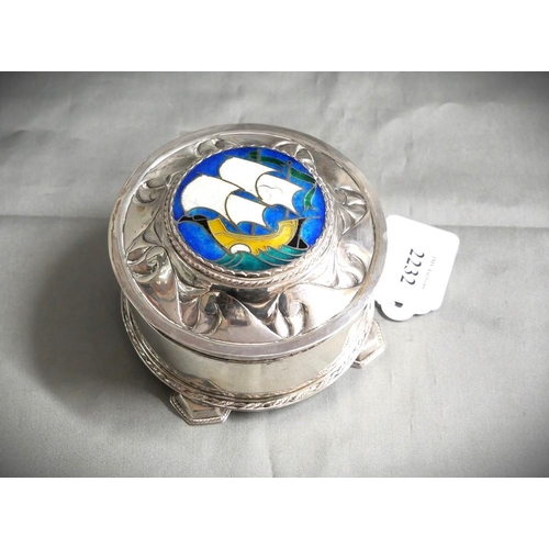 2232 - Arts & Crafts White Metal Box & Cover, the lid decorated with Galleon on blue ground, approx 10cm in... 