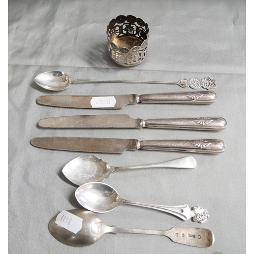 2243 - Chinese Silver Stand & Serving Spoon, Three Afternoon Tea Knives with silver mounted handles & three... 