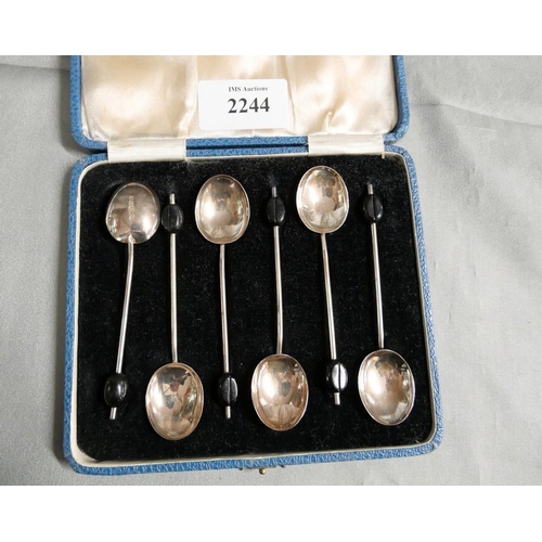 2244 - Cased Set of Six Silver Coffee Spoons with Bean Terminals.