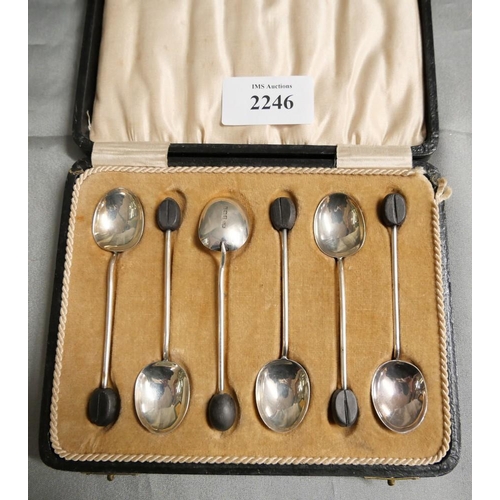 2246 - Cased Set of Six Silver Coffee Spoons with Bean Terminals.