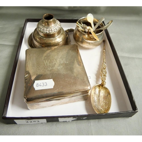 2252 - Silver Anointing Spoon, Part of an Antique Wine Funnel, Silver Cigarette Box etc.