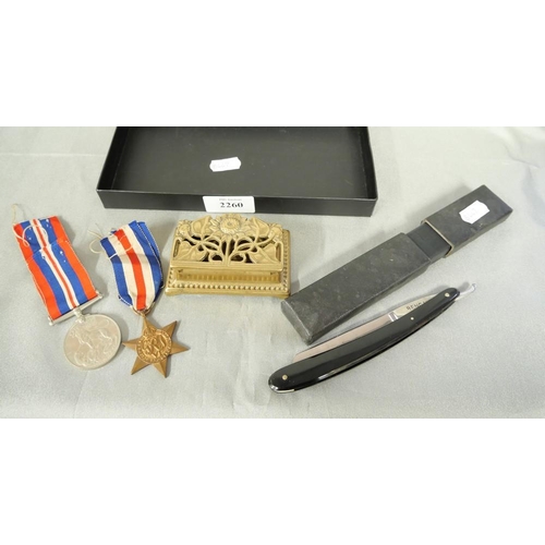 2260 - Box - Straight Razor, Brass Stamp Box, Two WWII Medals (no names).