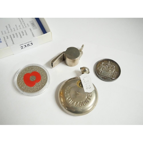 2353 - Box - Vintage Pocket Counter, Commemorative Coin, Whistle & Silver School Medal 1880.