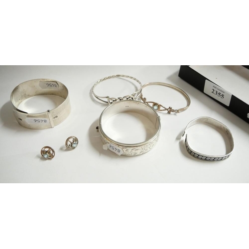 2355 - Box - Silver Bangles, Pair of Gem White Metal Earrings.