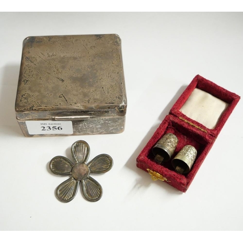 2356 - Silver Cigarette Box, Thimbles, Silver Pendant.