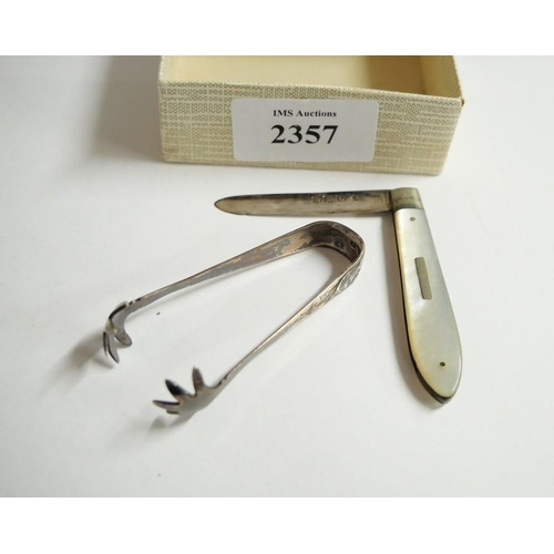 2357 - Box - Silver Pocket Fruit Knife & Small Pair of Silver Sugar Tongs.