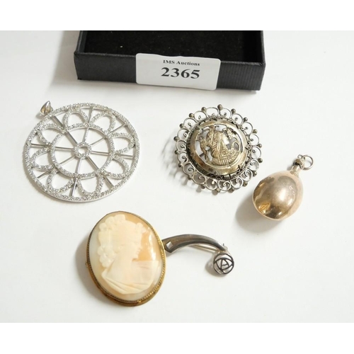 2365 - Box - Cameo Brooch, Silver Scent Bottle Pendant, Indian Silver Brooch etc.