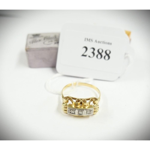 2388 - Handmade 18ct Yellow Gold Dress Ring Inset with Three Diamonds, scrolling mount, Size UK U, total we... 