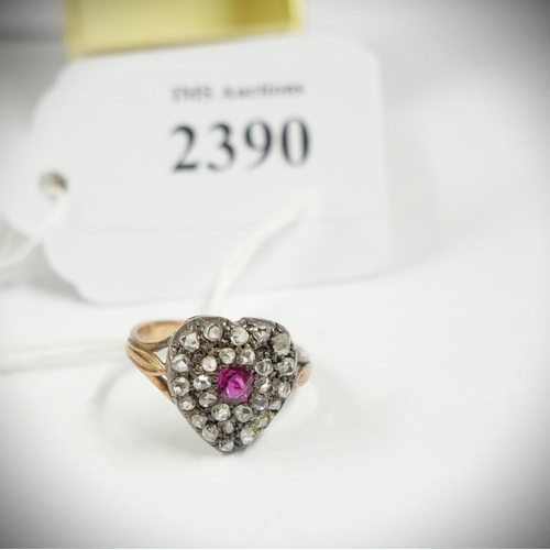 2390 - Late Victorian Yellow Metal Heart Shaped Diamond & Ruby Inset Dress Ring, size UK M, total weight 3.... 