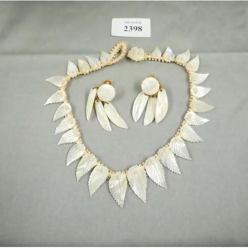 2398 - Caro Mother of Pearl Clip-on Earrings & Mother of Pearl Necklace.