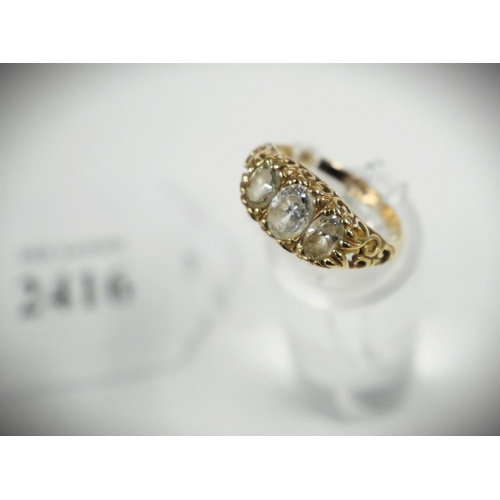 2416 - 9ct Gold Dress Ring Inset with 3 Simulated Diamonds, UK Size N, total weight 2.6g