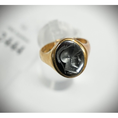 2444 - 9ct Gold Obsidian Signet Ring, UK Size U, 6.8g.