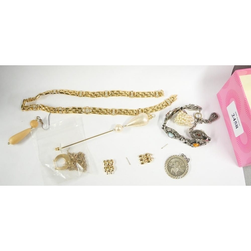 2458 - Box - Silver St Christopher, Small Bag of 9ct Gold Jewellery (4.4g) & Costume Jewellery.