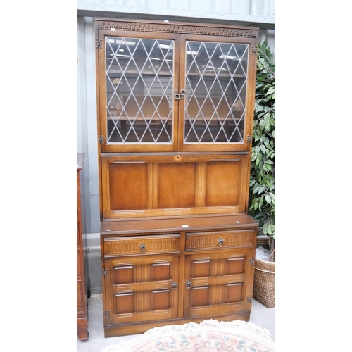 3012 - Oak Linenfold Dresser with Leaded Glass Doors