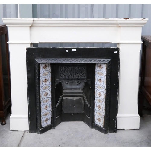 3022 - Cast Iron Fire Place with Inlaid Tiles & Wooden Surround