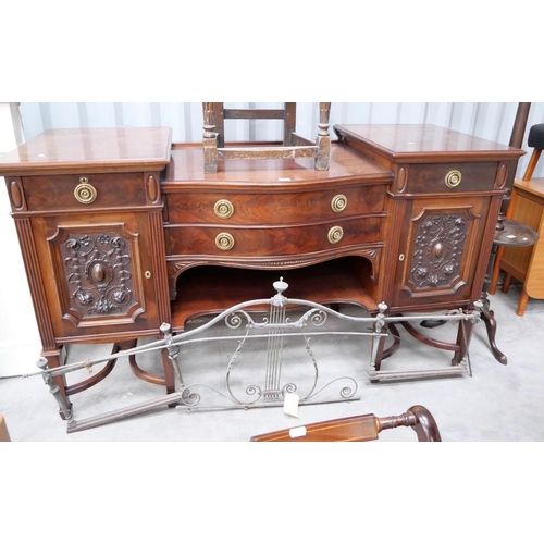 3024 - Large Edwardian Mahogany Sideboard  With Carved Panel Doors & iron and brass lyre shape back rail(18... 