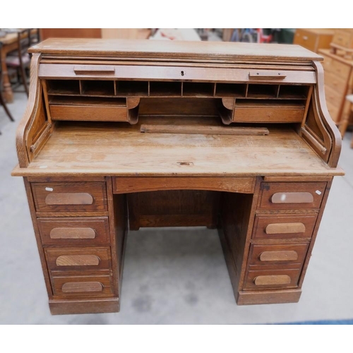 3074 - Oak Roll Top Writing Desk