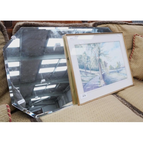 3174 - Bevelled Wall Mirror & Watercolour - Landscape