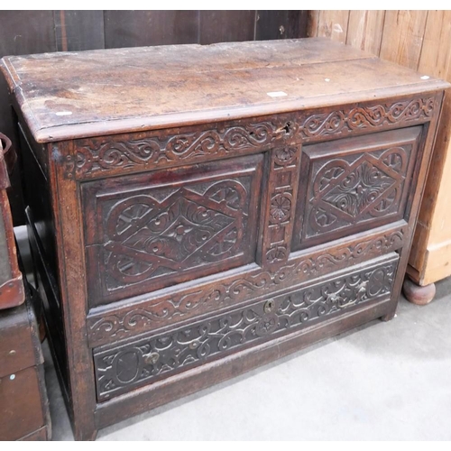 3212 - Antique Carved Oak Coffer