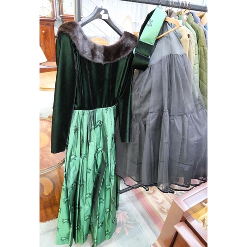 3235 - Taffeta Green Ball Gown with Fur Collar and underskirt