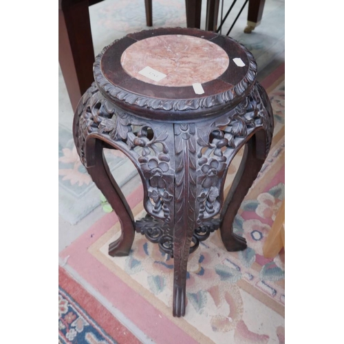 3253 - Chinese Carved Mahogany Marble Top Plant Stand