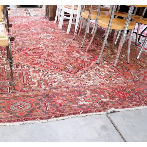 3299 - Fringed & Bordered Woolen Rug On Red Ground. Approx. 350  x 255cm.