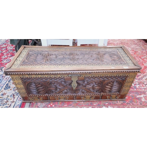 3302 - Heavily Carved Hardwood & Brass Blanket Box.