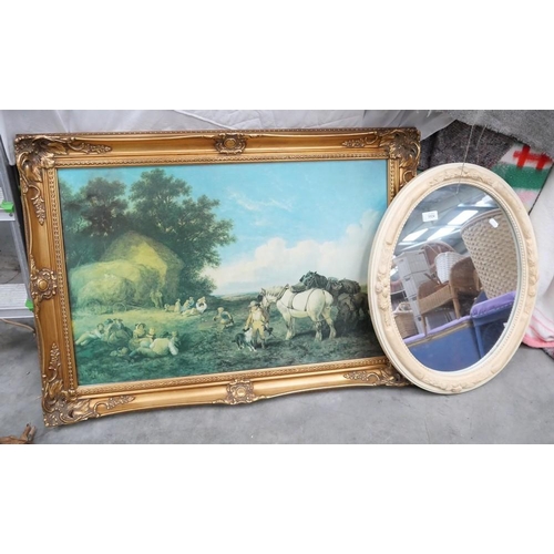 3324 - Gilt Framed Countryside Scene & Oval Mirror