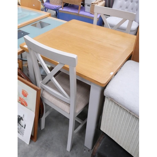 3328 - Painted Oak Square Kitchen Table With 2 Upholstered Chairs ( 75cm x75cm)