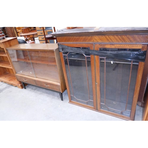 3359 - 1970's Glass Front Bookcase With 2 Drawers & Mahogany Inlaid Glass Front Cabinet