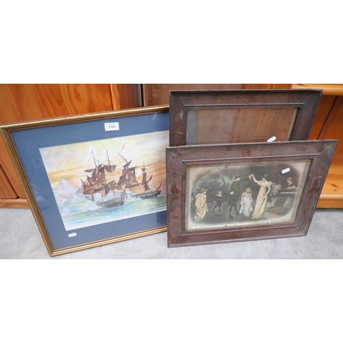 3362 - Two Vintage Picture Frames & Print Of Galleons