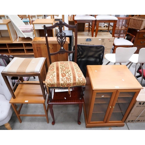 3373 - Two Occasional Tables, Dressing Stool, Glass Fronted Cabinet & Upholstered Chair