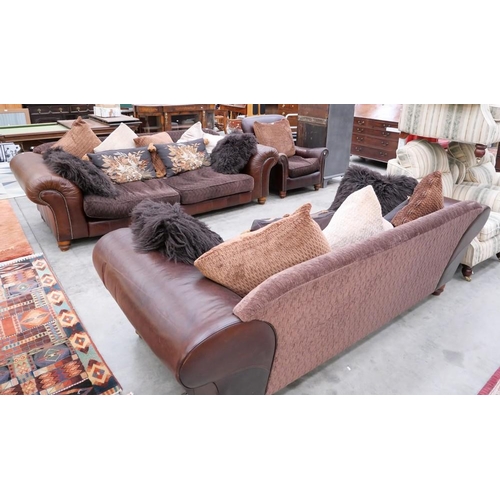 3384 - Brown Leather & Fabric Upholstered  3 Seat, 2 Seat Sofas & Armchair & Assorted Cushions