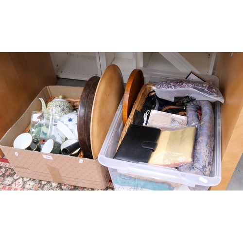 3389 - Two Boxes- Assorted Linen, Trays, Wicker Basket, Teapots Etc