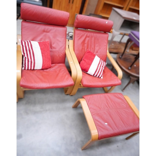 3393 - Pair Of Beech Framed Chairs & Beech Framed Foot Stool