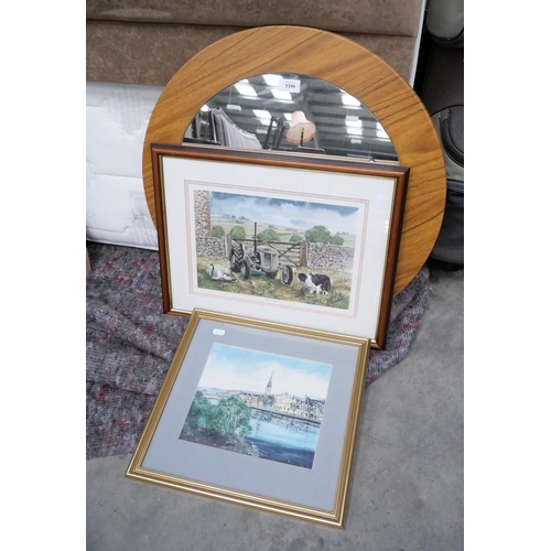 3399 - Round Mid Century Wall Mirror, Framed Print Of Tay Street Perth & Framed Print Of Farming Scene