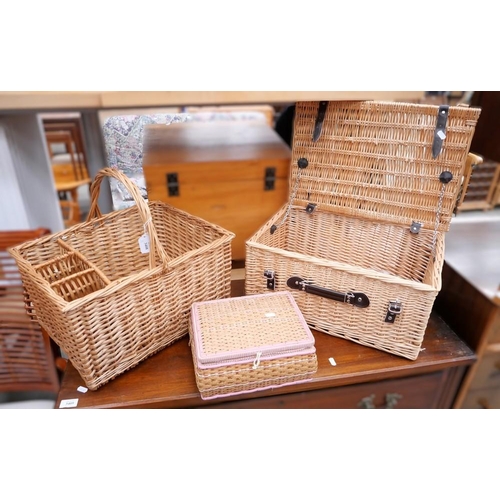 3408 - Wicker Basket, Wicker Picnic Hamper & Wicker Sewing Box With Contents